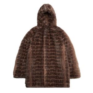 Supreme Faux Fur Jacket with Hood Repeating Logo Brown / Black Unisex Mens SZ M